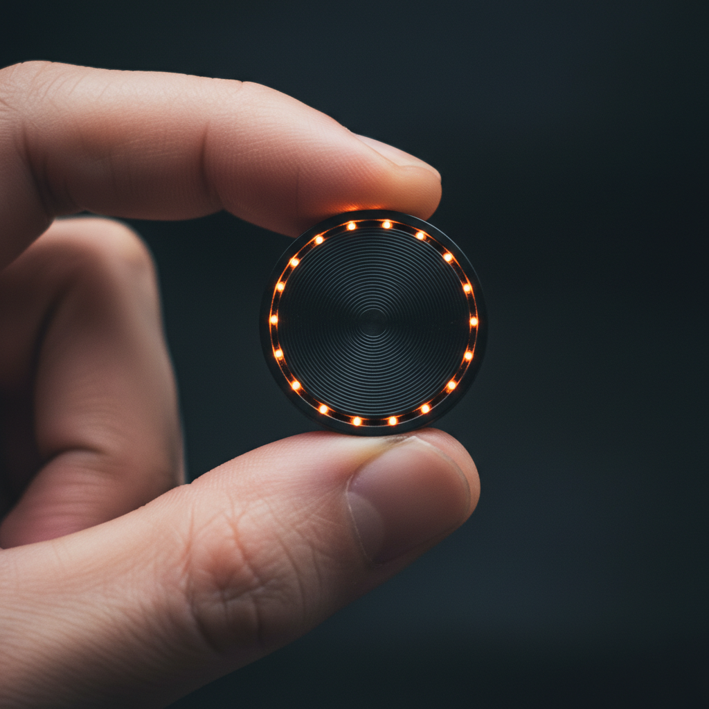 Coin型デバイスを指で持つ