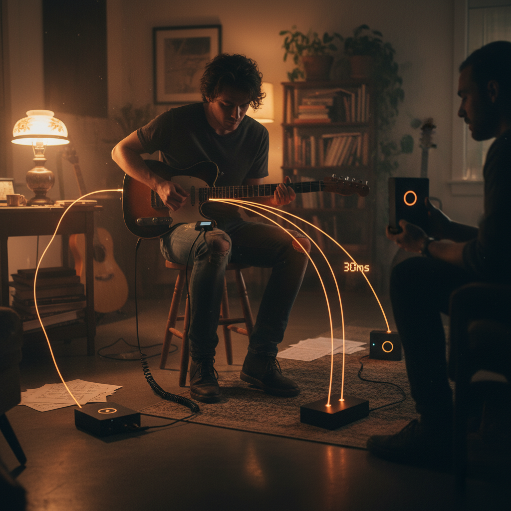 ギターからiPhone経由で複数Koeデバイスに30ms配信