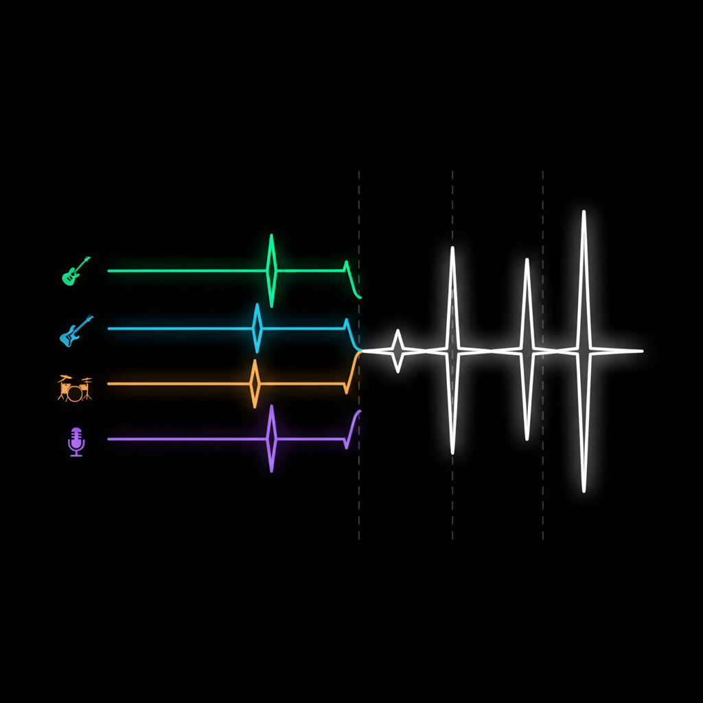 4つの楽器波形が同期してハーモニーに合流